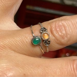 Tiny size 6 and 7 rings, sterling silver with mustard yellow and green stones